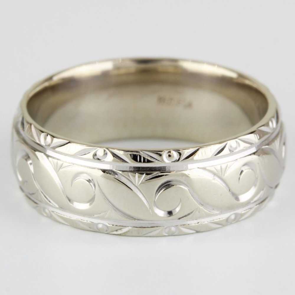 14k White Gold Carved Band Ring by Fredrick Goldman
